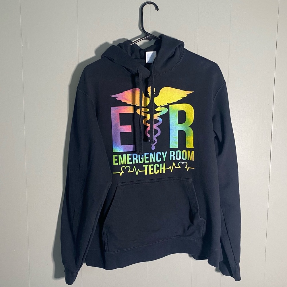 ER Tech Hoodie Rainbow Caduceus Logo Port & Company Black Unisex Large